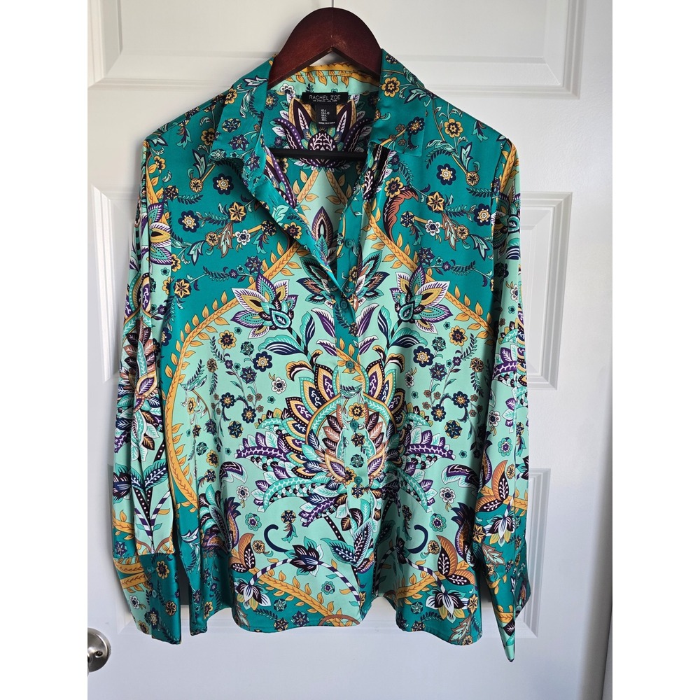 Rachel Zoe Teal Paisley Floral Button Down Blouse Long Sleeve Satin Top Large